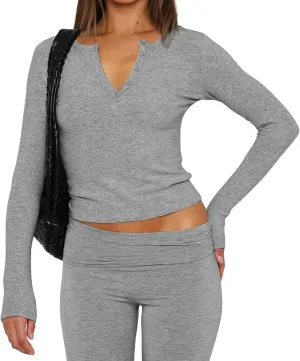 Women's Long Sleeve Shirts V-Neck Slim Fit Stretchy Solid Shirt Cropped Tops