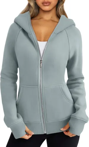 Womens Zip Up Hoodie Cropped Sweatshirts, Thumb Hole Fleece Jackets Casual 2024 Fall Fashion Outfits Winter Clothes