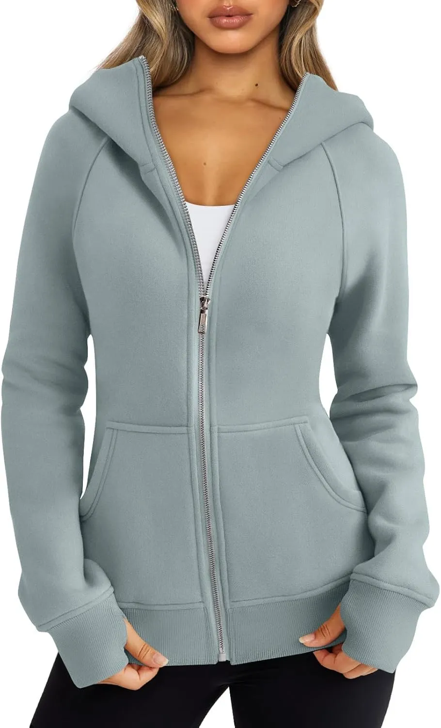 Womens Zip Up Hoodie Cropped Sweatshirts, Thumb Hole Fleece Jackets Casual 2024 Fall Fashion Outfits Winter Clothes