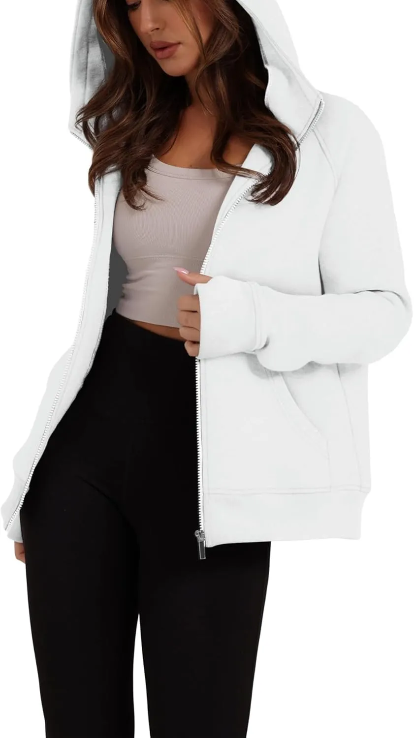Womens Zip Up Hoodie Cropped Sweatshirts, Thumb Hole Fleece Jackets Casual 2024 Fall Fashion Outfits Winter Clothes