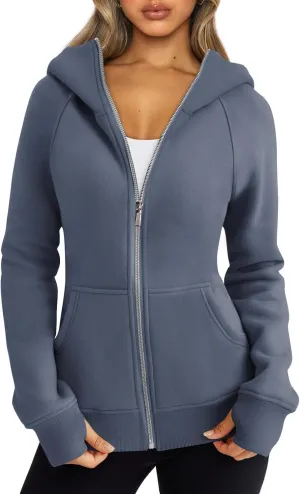 Womens Zip Up Hoodie Cropped Sweatshirts, Thumb Hole Fleece Jackets Casual 2024 Fall Fashion Outfits Winter Clothes